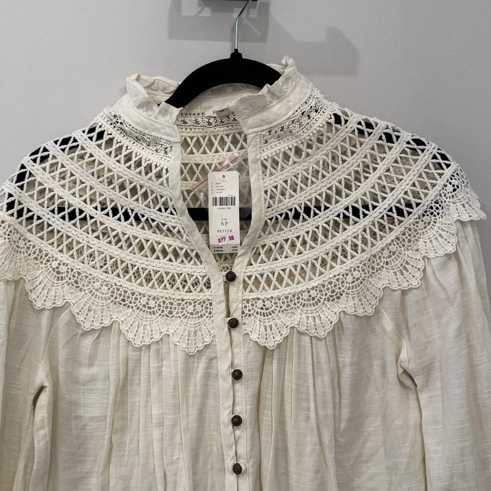 NWT Anthropologie Pilco Lace Yoke Peasant Elegant Cream Lace Blouse - Picture 7 of 11